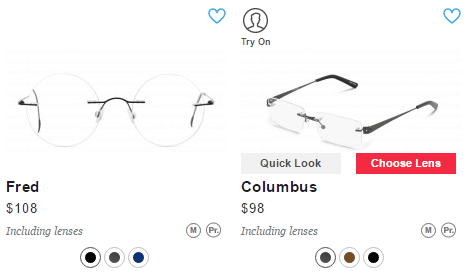 GlassesUSA product gallery with two products. Beneath the photograph of the product on the right are two buttons: Quick Look and Choose Lens. 