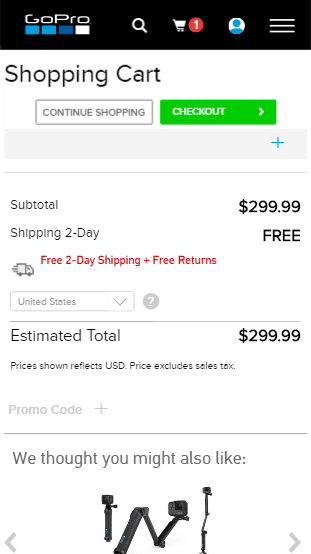 GoPro mobile shopping Cart. Two buttons near the top labeled Continue shopping and checkout. 