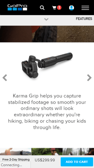 GoPro product detail page. At the bottom of the screen, a bar hovered over the product information features the following: Free 2-day shipping, U S 9.99, Add to cart button. 