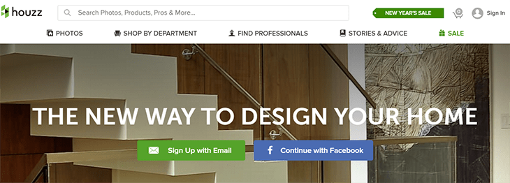 Houzz homepage. At the top of the page a narrow bar features the Houzz logo, a search bar, a button labeled New Year's sale, the shopping cart, and a sign in. 