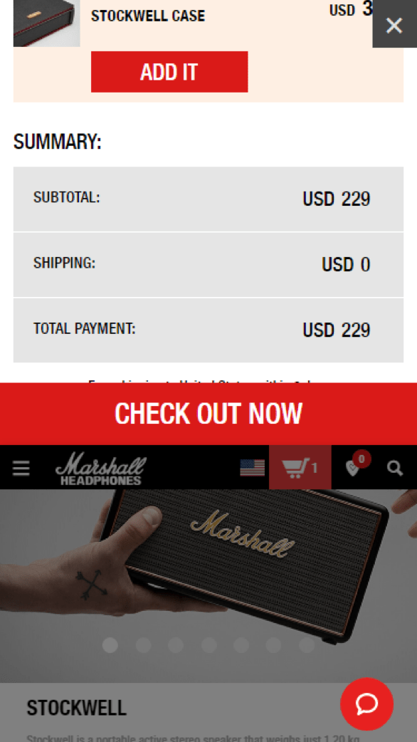 Marshall Headphones mobile cart. Beneath the add other items section is a section titled Summary with the following data: Subtotal: U S D 229, shipping: U S D 0, total payment: U S D 229. 