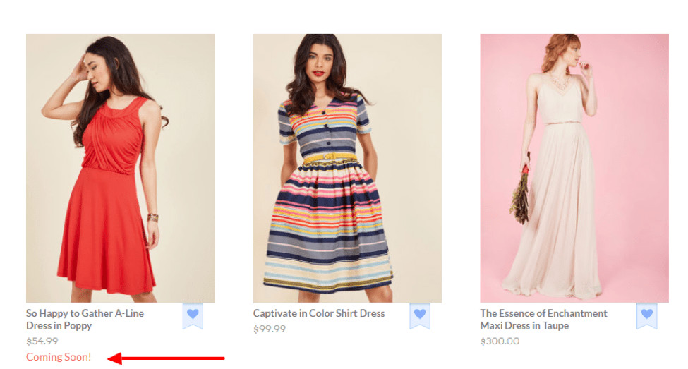 Modcloth product gallery. Under the first product red text states: Coming Soon!