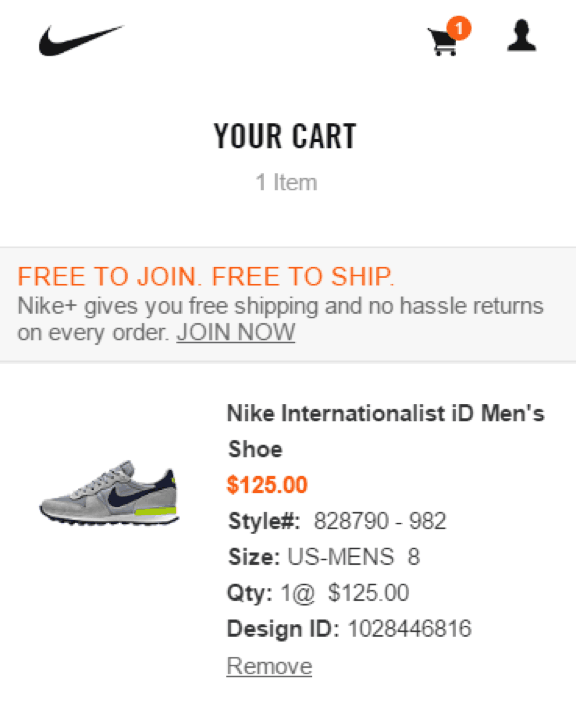 Nike mobile cart. Above the product in the cart text states: Free to Join. Free to ship. Nike plus gives you free shipping and no hassle returns on every order. Join Now. 