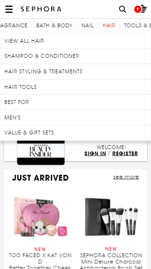 Sephora mobile screenshot. At the top is a menu bar which extends to the left and right of the display. Hair is selected from the menu and the hair menu is extended downward. 