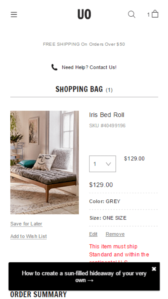 Urban Outfitters mobile shopping cart. Beneath the product photograph are two links: "Save for later" and "Add to wish list."