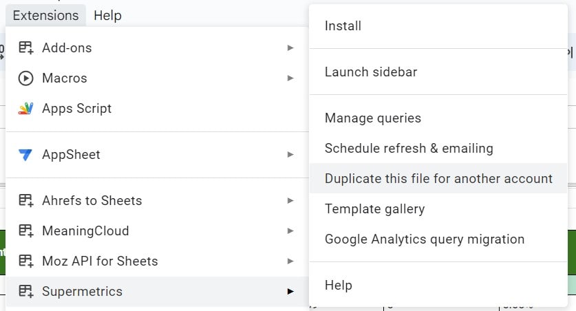 Google Sheets Extensions menu, with Supermetrics tab selected to show options. Selected is the option Duplicate this file for another account.