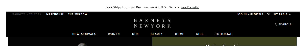 Barneys New York desktop website. A narrow banner at the top above the menu with the text: Free Shipping and Returns on all U.S. Orders. 