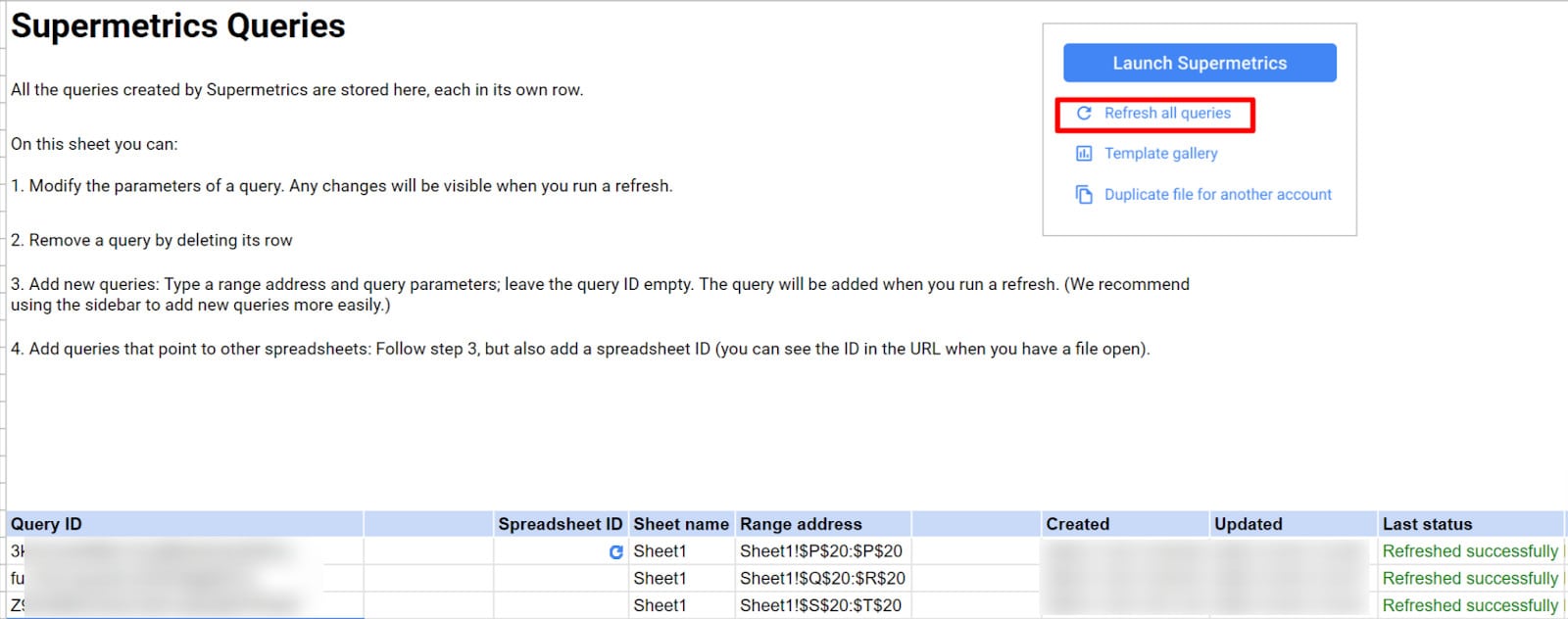 Supermetrics Queries sheet of Inflow's K P I Dashboard, with Refresh All Queries option highlighted.