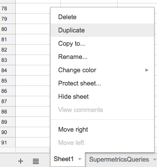 duplicate-spreadsheet Sheet 1 menu extension from the bottom bar. The first three options are Delete, duplicate, copy to?.