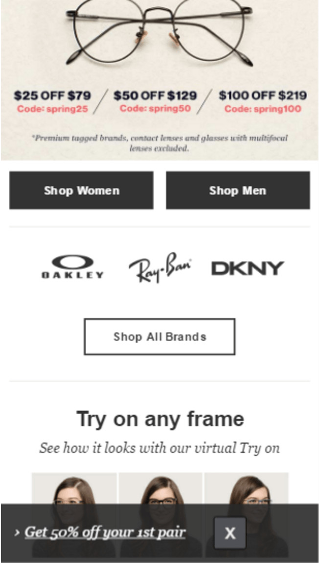 GlassesUSA mobile homepage. At the bottom a semitransparent bar with the text: Get 50% off your 1st pair. 