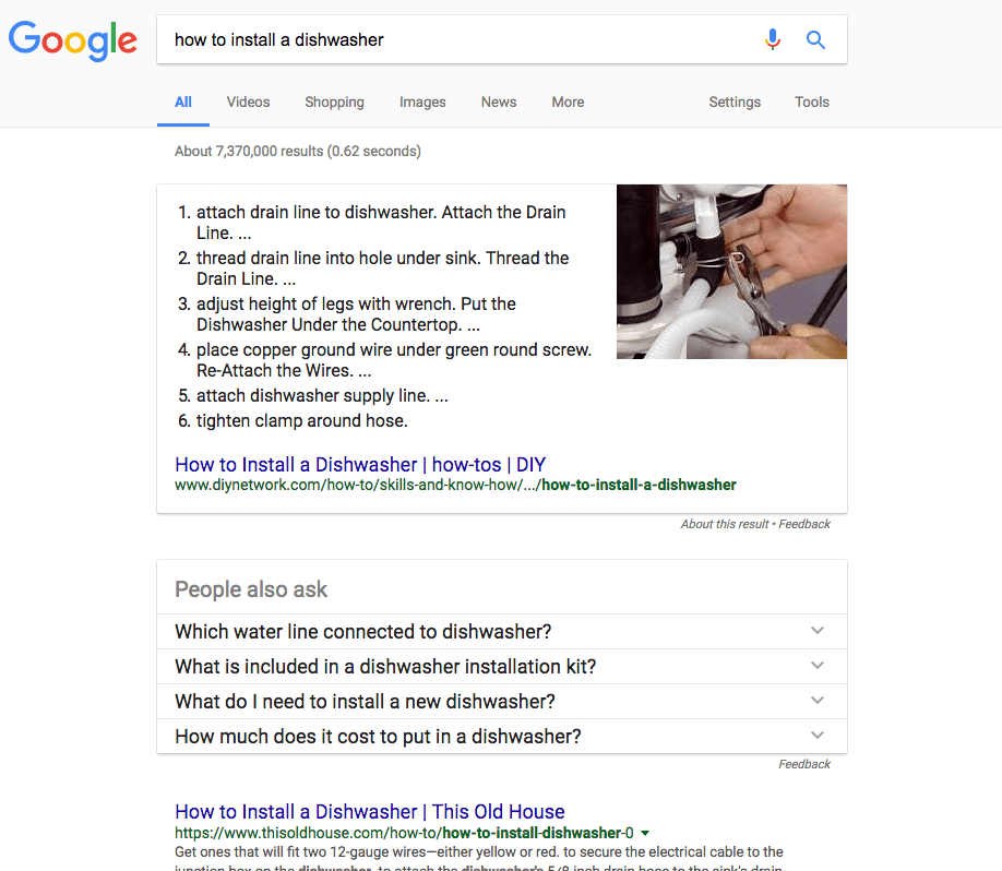 Google search result for how to install a dishwasher. The featured snippet is a numbered list with 6 points from diynetwork.com. 