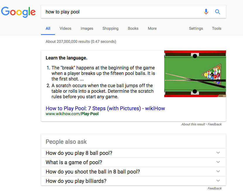 Google search result for how to play pool. The featured snippet titled Learn the language consists of a numbered list with 2 points from wikihow.com. 