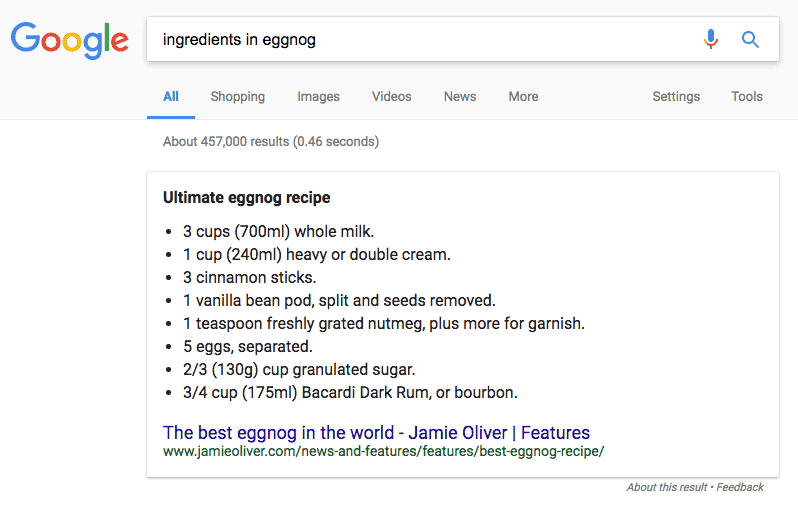 A Google search result for ingredients in eggnog. The featured snippet titled Ultimate eggnog recipe consists of bullet points for ingredients from the website jamieliver.com. 