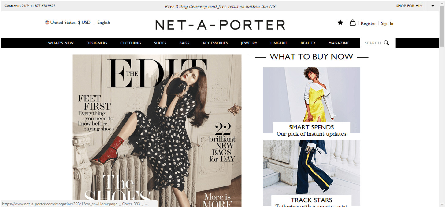 Net-a-Porter.com desktop page. The right column is The Edit Magazine cover. The left column is titled "What to Buy Now" followed by a vertical column of images. 