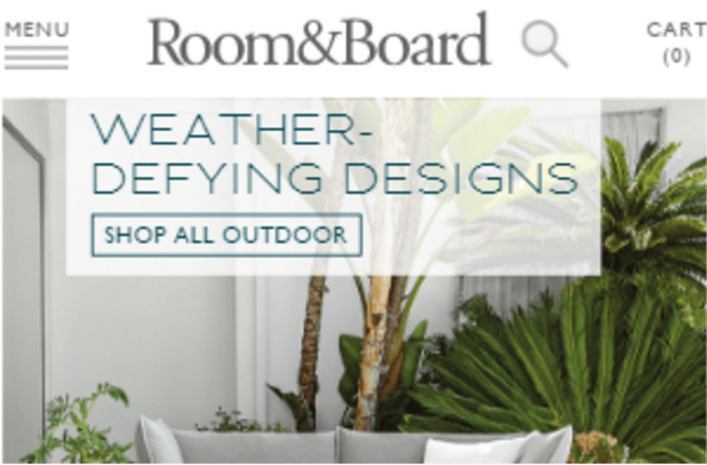 Room and Board mobile homepage. At the top left a hamburger menu labeled menu. 