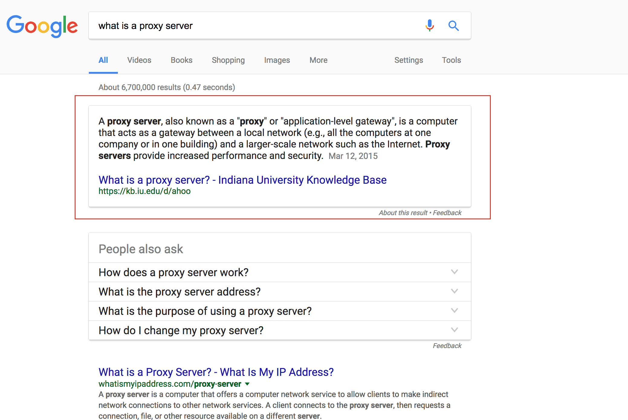 A Google search result for what is a proxy server. At the top of the results a paragraph of information from kb.iu.edy within a box, which is circled. Below a section titled People also ask, followed by Google text results. 