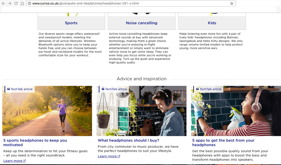 Currys PC World "Advice and Inspiration" section screenshot contains three articles titled: 5 sports headphones to keep you motivated, What headphones should I buy? 5 apps to get the best from your headphones. 