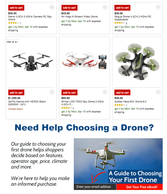 Buying Guide Content for Drones Target product grid screenshot. Beneath the product grid is a section titled Need Help Choosing a Done? A textbox to enter your email address to receive a guide to choosing your first drone.