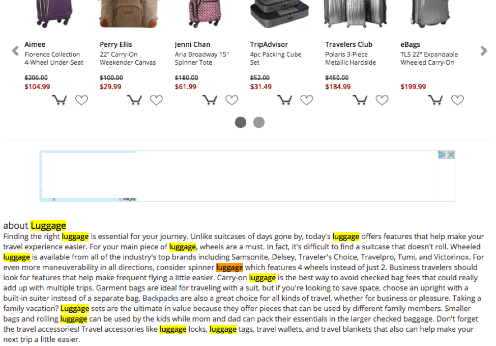 ebags-seo eBags screenshot. Beneath the product grid is a paragraph titled About Luggage. The word "luggage" is highlighted 11 times. The first two sentences are: Finding the right luggage is essential for your journey. Unlike suitcases of days gone by, today's luggage offers features that help make your travel experience easier.