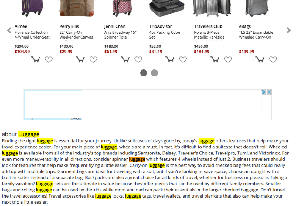 eBags screenshot. Beneath the product grid is a paragraph titled About Luggage. The word "luggage" is highlighted 11 times. The first two sentences are: Finding the right luggage is essential for  your journey. Unlike suitcases of days gone by, today's luggage offers features that help make your travel experience easier.  