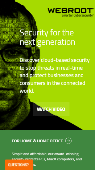 Webroot mobile screenshot. At the top right: Logo: Webroot. Smarter Cybersecurity. At the center of the page text states: Security for the next generation. 