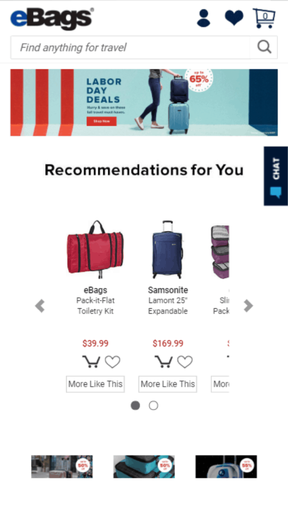 ebags eBags screenshot. On the right side of the screen, a button is labeled Chat.
