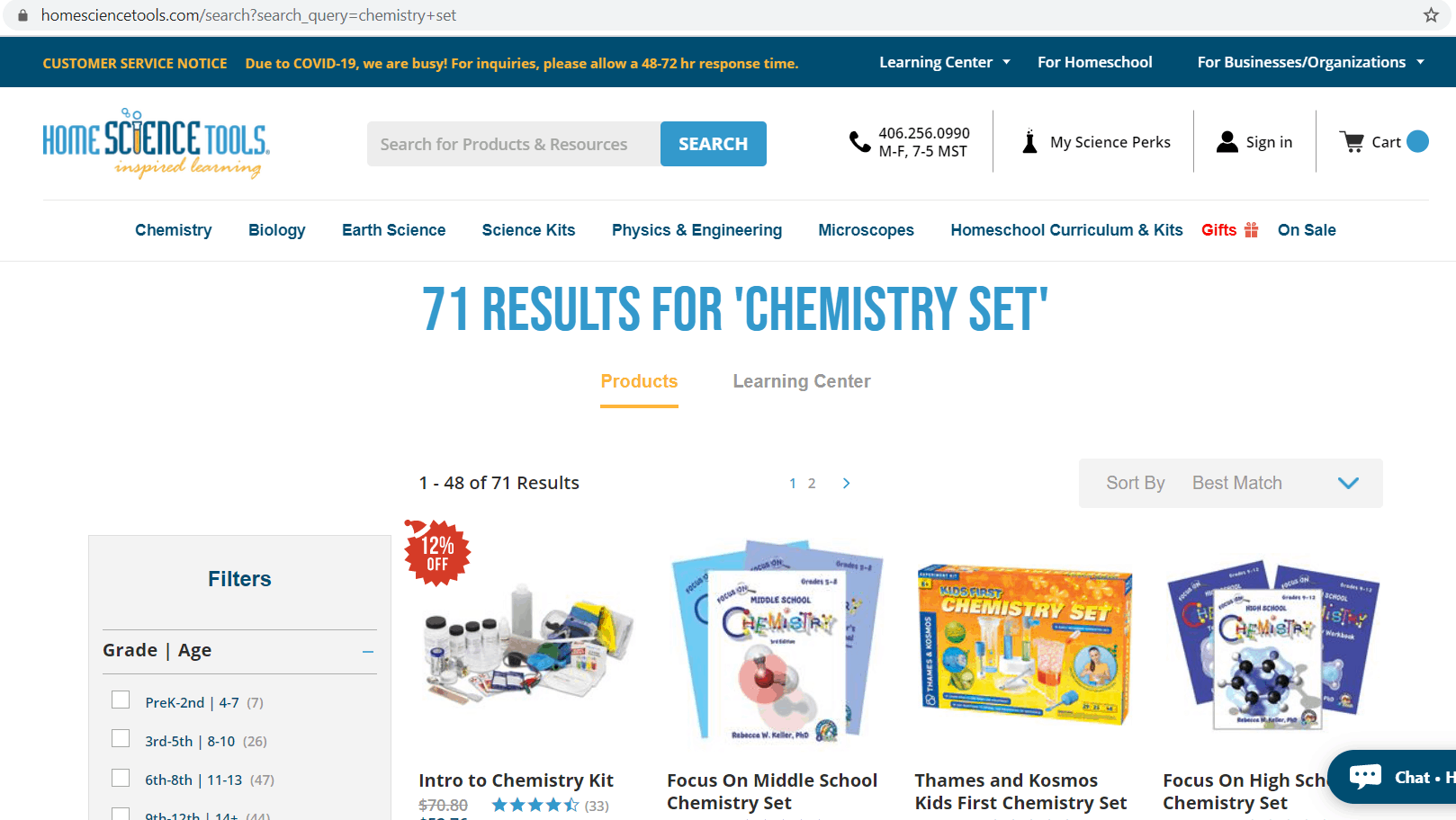 Home Science Tools search results screenshot. The U R L is homesciencetools.com/search?search_query=chemistry+set. Text at the top of the page states: 71 Results for 'Chemistry set.' Beneath the text are product pictures and associated names. 