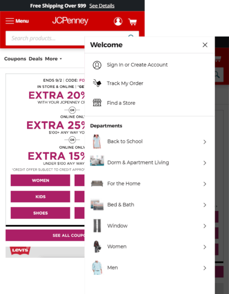 JCPenney menu screenshot. Each item on the menu consists of both an icon and a label.