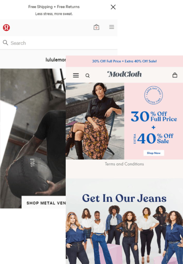 lululemon-modcloth Lululemon and ModCloth screenshots. Lululemon search bar extends across the top of the screen. ModCloth uses a search bar icon at the top of the screen.