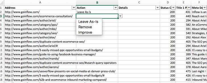 A table. The first three columns are labeled: Address, Action, Details. The cells in the action column have three options: Leave as-is, remove, improve. 