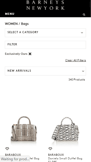 Barneys New York mobile product gallery. Products are listed with two products per row. 