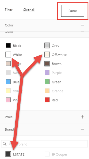 Nordstrom mobile filter menu. Two color options are selected and a brand is selected. A button at the top is labeled Done. 