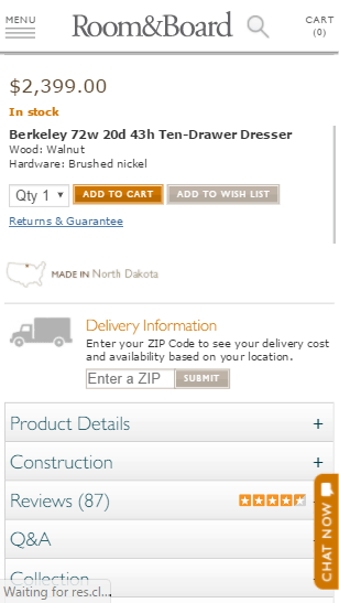 Room and Board mobile product detail screenshot contains five accordion sections labeled: Product details, construction, Reviews, Q & A, Collection. 