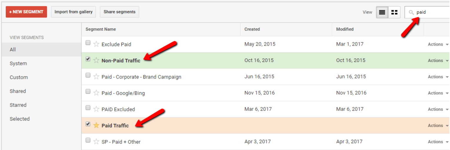 New segment screenshot. An arrow points to a search bar in the top right corner with the text "paid." Under segment name, an arrow points to Non-paid traffic. A second arrow points to paid traffic. 