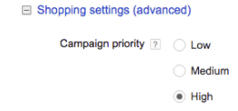 Shopping settings (advanced) screenshot. Three options labeled Campaign priority. High is selected. 