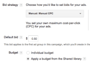 Bid strategy screenshot. Textbox at top labeled "Choose how you'd like to set bids for your ads" with the text Manual: Manual C P C. Followed by a textbox labeled "Default bid" with the text: alt=