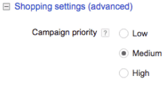 Shopping settings (advanced) screenshot. Three options labeled Campaign priority. Medium is selected. 