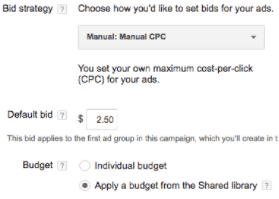 Bid strategy screenshot. Textbox at top labeled "Choose how you'd like to set bids for your ads" with the text Manual: Manual C P C. Followed by a textbox labeled "Default bid" with the text: .50. Followed by two options labeled Budget. "Apply a budget from the shared library" is selected. 