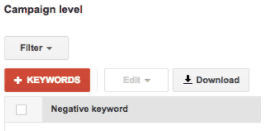 A section titled Campaign level, followed by an option menu with "Filter" selected. Beneath, Keywords is selected. Below is an option labeled Negative keyword. 