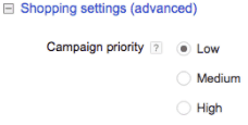 Shopping settings (advanced) screenshot. Three options labeled Campaign priority. Low is selected. 