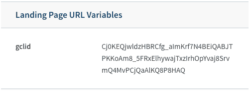 Landing Page U R L variables screenshot with the gclid. 