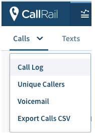 Call Rail Screenshot. The Calls menu is extended and "Call log" is selected. 