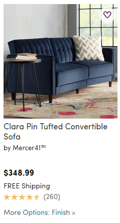 Wayfair product detail mobile screenshot. Beneath the details is a link labeled: More options.