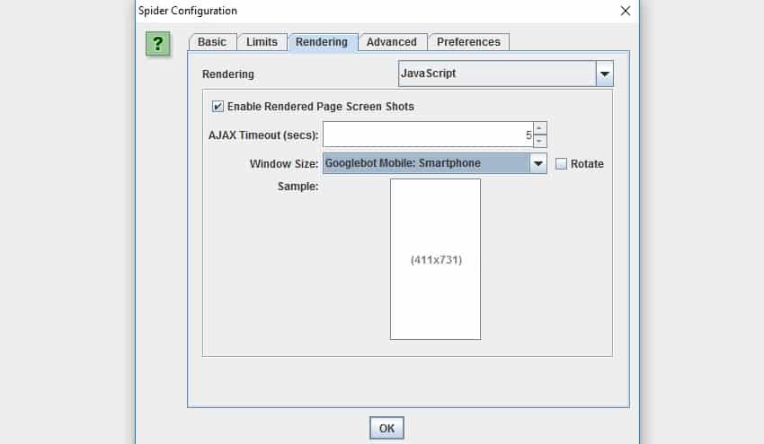 Screaming Frog Spider Configuration Screenshot. At the top are five tabs, Rendering is selected. A dropdown at the top is labeled Rendering. JavaScript is selected. Beneath a checked checkbox is labeled Enable rendered page screenshots. 