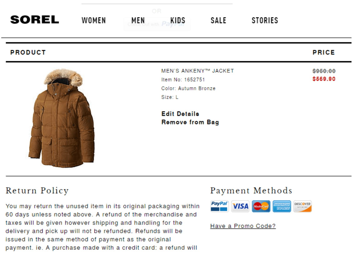 Sorel.com Returns Information Screenshot Sorel.com cart Screenshot. Beneath the product, a section titled Return Policy.