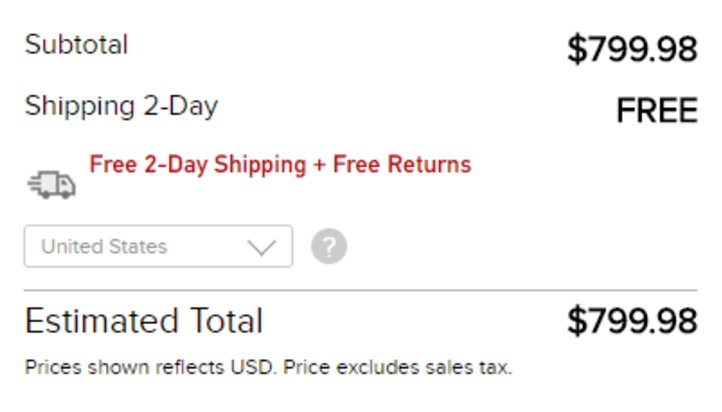 GoPro.com Estimated Total Screenshot. Beneath the shipping cost text states: Free 2-day shipping plus free returns. 