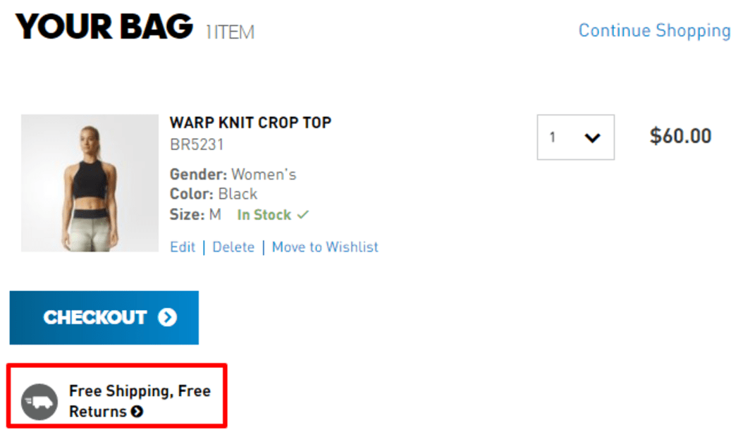 Adidas.com Your bag screenshot. Beneath the product circled text states: Free shipping, free returns. 