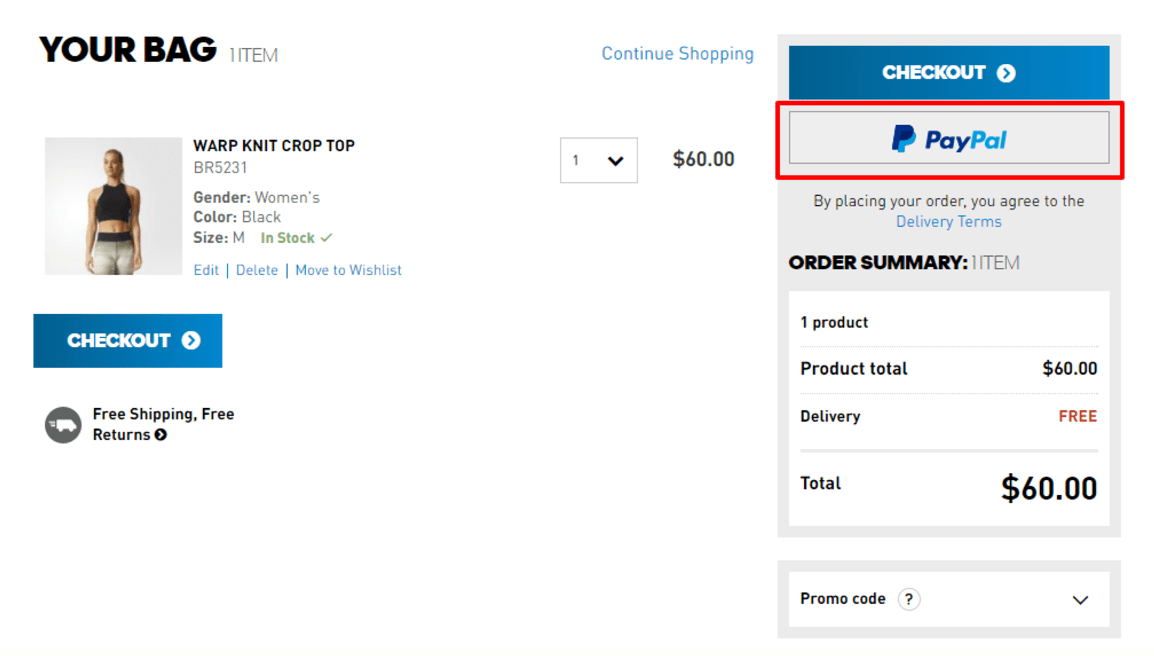 Adidas.com Pay with PayPal in Cart Screenshot Adidas.com Your Bag Screenshot. On the right is a Paypal button.