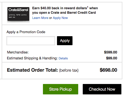 CrateandBarrel.com Promotional Code Field Screenshot CrateandBarrel.com Order summary screenshot. A textbox labeled Apply a promotion code is above the order total.