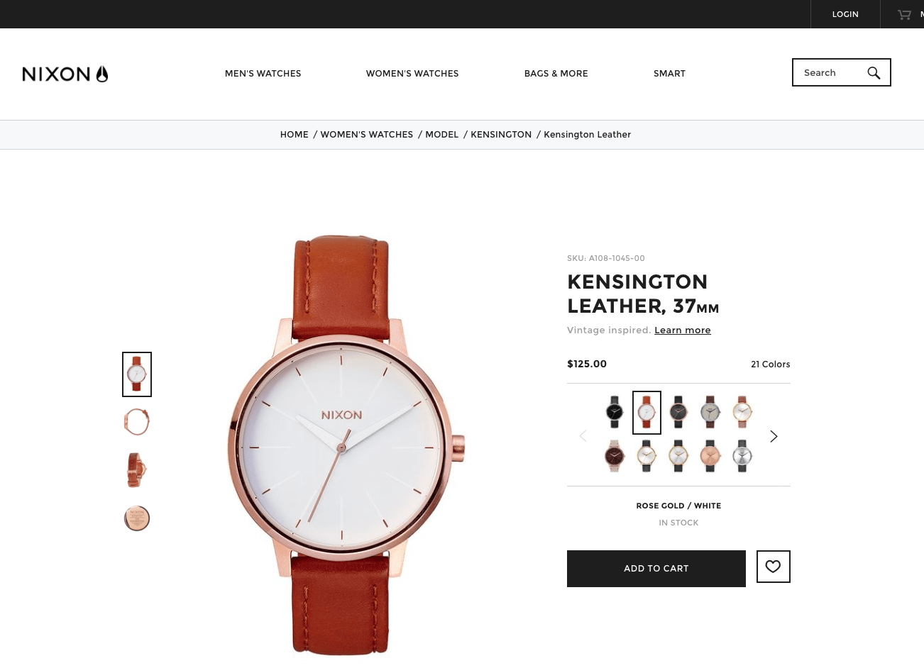 Nixon product detail page. Menu options are along the top. 